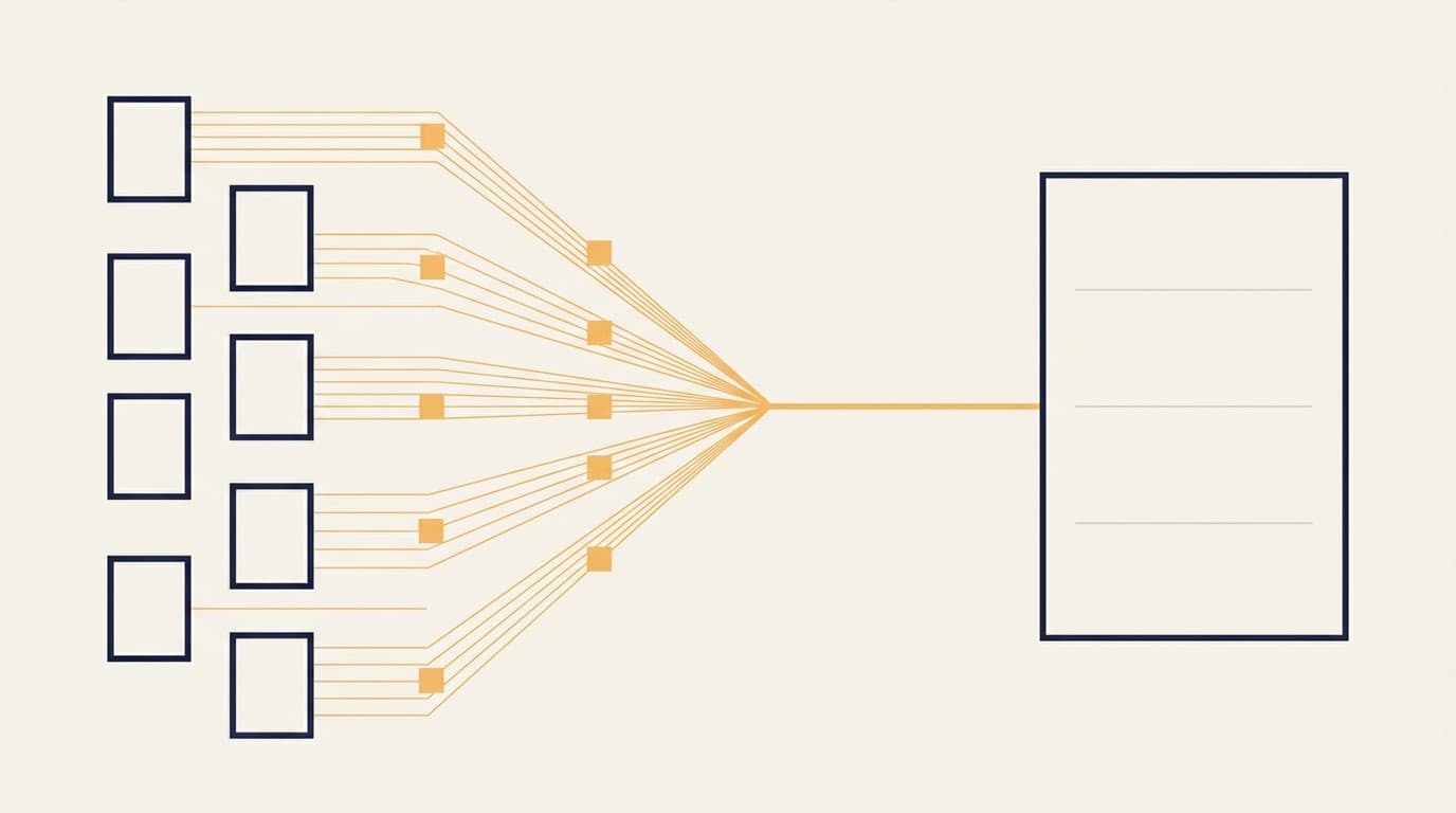 Abstract architectural illustration representing the Discharge-summary automation for a private hospital group engagement.