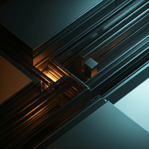 Abstract 3D geometric render with metallic structures and amber glow against midnight indigo — evoking stability, precision and the architectural foundations of production-grade automation.