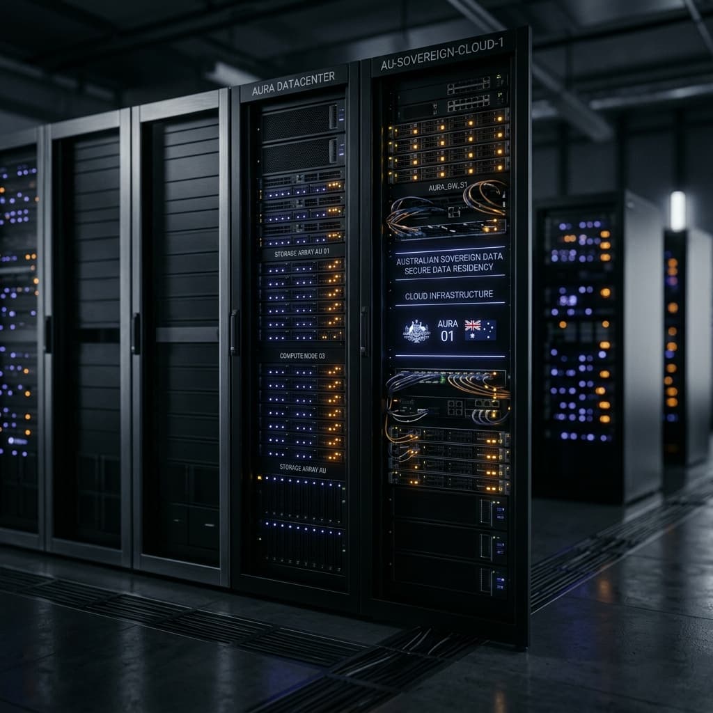Cleanly lit server room with sleek black racks and indigo LED accents — representing defensible, AU-resident data infrastructure.
