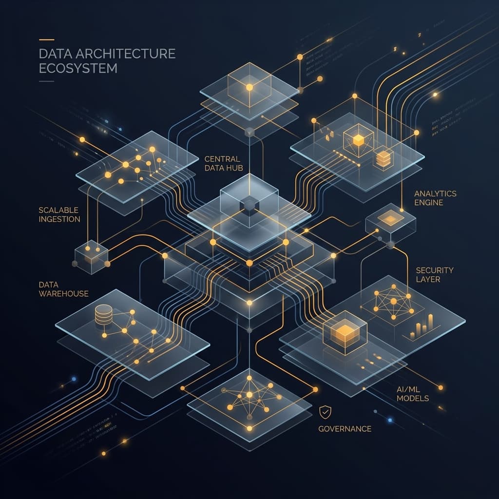 Abstract architectural visualization — clean geometric planes and structures in deep indigo and amber tones, evoking technical precision and architectural stability.